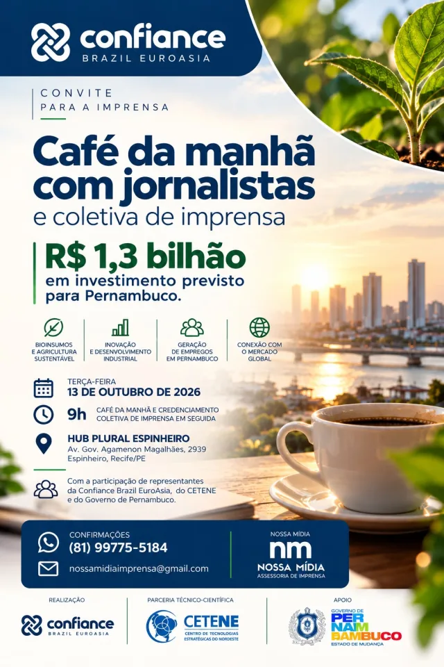 Convite para café da manhã com jornalistas e coletiva de imprensa, em 13 de outubro de 2026, às 9h, no Hub Plural Espinheiro, Recife.